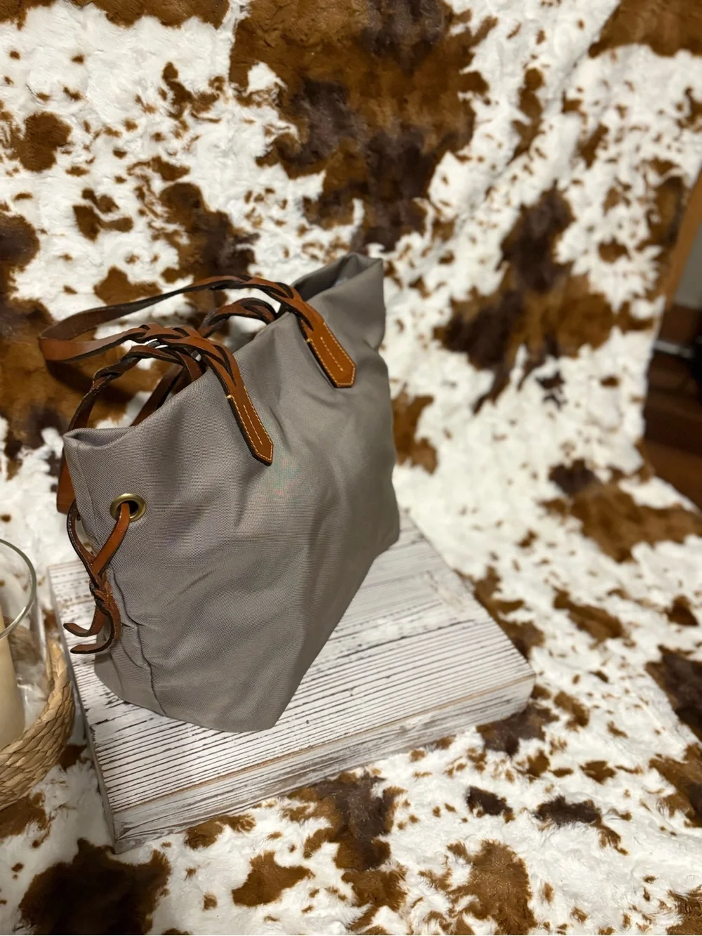 Dooney & Bourke Gray Canvas Tote with Brown Leather Trim